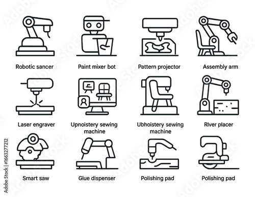AI Furniture Icon Set. Outline icon set of AI furniture upcycling: robotic sander, paint mixer bot, pattern