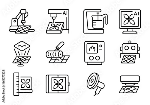 AI Tile Design Icons. Outline icon set of AI ceramic tile design: robotic tile cutter, laser engraver, glaze