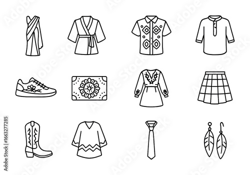 Cultural Fashion Fusion Icons. Outline icon set of traditional-modern blends: sari gown, kimono blazer,