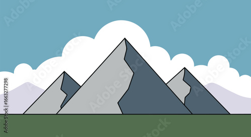 This digital illustration showcases a stylized depiction of three mountainous peaks under a partly cloudy sky. 