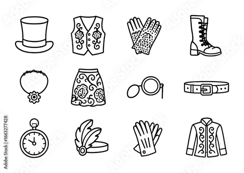 Steampunk Style Icons. Outline icon set of steampunk cultural mix: top hat, embroidered waistcoat, lace gloves