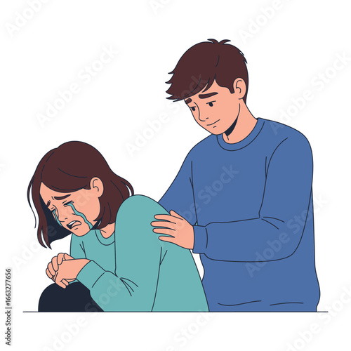 Support in times of sadness: A poignant illustration of compassion, depicting a comforting moment between two individuals. One is shedding tears as the other offers a supportive touch.