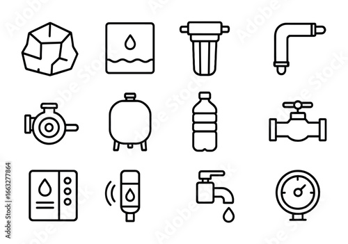 Glacial Water Icon Set. Outline icon set of glacial water harvesting: ice block, melting tank, filter unit,