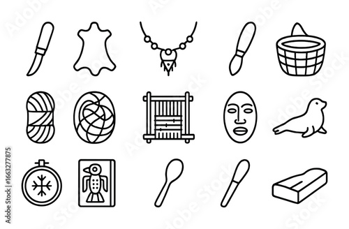 Arctic Craft Icons. Outline icon set of arctic-inspired design crafts: carving knife, fur pelt, beaded