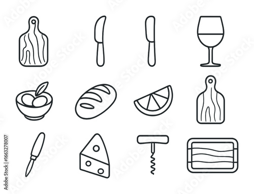 Gourmet Serving Board Icons. Outline icon set of gourmet serving boards from reclaimed wood: charcuterie board