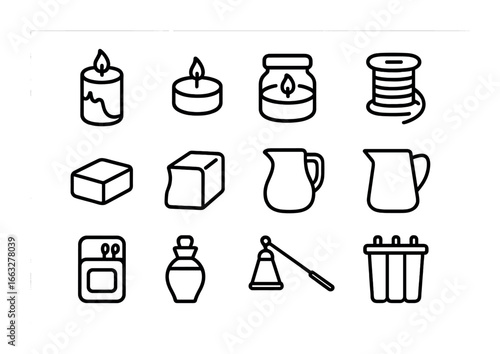 Luxury Candle Icons. Outline icon set of luxury candles from recycled wax: pillar candle, tealight, jar candle