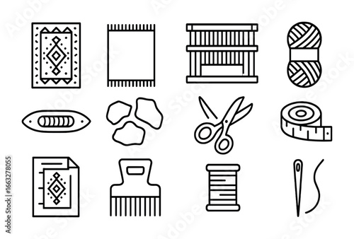 Upcycled Rug Icons. Outline icon set of upcycled luxury rugs: patterned rug, fringe, loom, yarn skein, shuttle