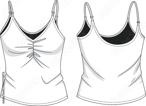 Adjustable Strap Camisole, Women’s Fashion Top, Stylish Tank Template, Ruching Detail Front, CAD Drawing Flat Vector Illustration