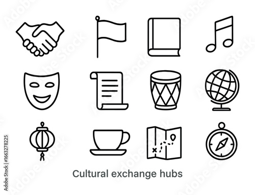 Cultural Exchange Icons. Outline icon set of cultural exchange hubs: handshake, flag, book, music note, mask,