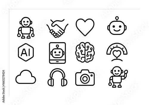 Companionship Robot Icons. Outline icon set of companionship robots: humanoid bot, hand holding, heart icon,