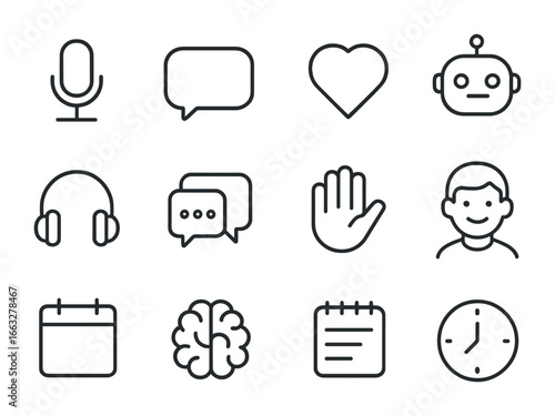 Conversational AI Icons. Outline icon set of conversational AI partners: microphone, speech bubble, empathy
