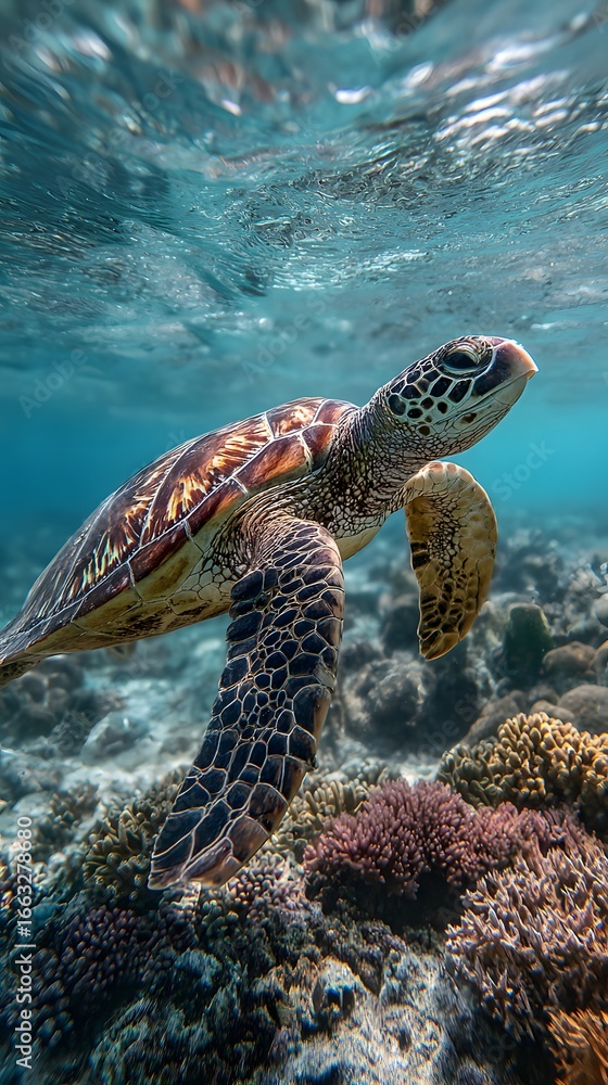 Fototapeta premium Close-up of a Sea Turtle Swimming over a Coral Reef