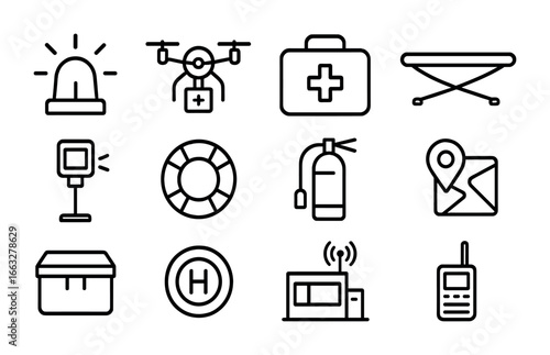 Emergency Drone Icon Set. Outline icon set of emergency response drone hubs: siren, rescue drone, first aid