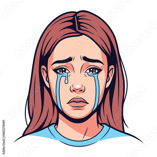 Crying Girl's Tearful Portrait: A close-up depiction of a young woman overcome with emotion, her face etched with sorrow and glistening tears. A stark and minimalist design, capturing raw feelings