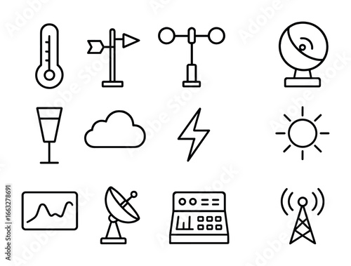 Droneport Weather Icons. Outline icon set of droneport weather stations: thermometer, wind vane, anemometer,