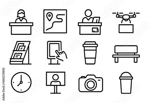 Droneport Icon Set. Outline icon set of droneport visitor centers: reception desk, map board, ticket counter,