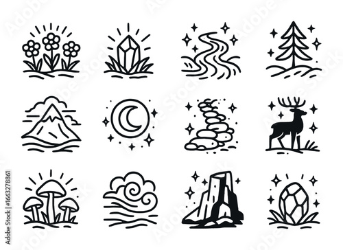 Radiant Mountain Icon Set. Outline icon set of radiant mountain valleys: glowing meadow flowers, crystal