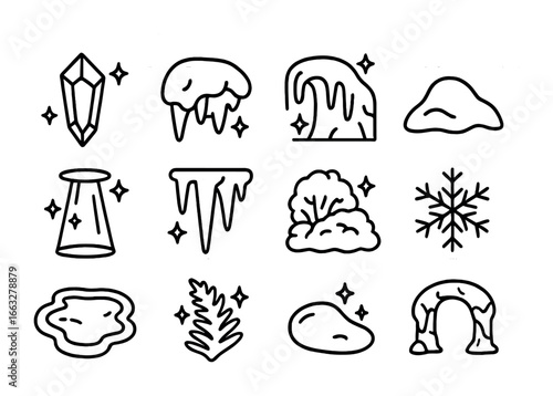 Shimmering Ice Cave Icons. Outline icon set of shimmering ice caves: crystal icicle, glowing frost, frozen