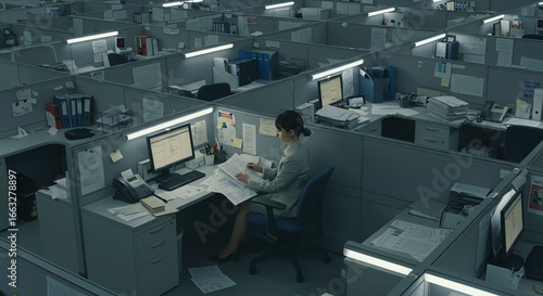Businesswoman Working at Office Desk in Cubicle with Computer and Documents