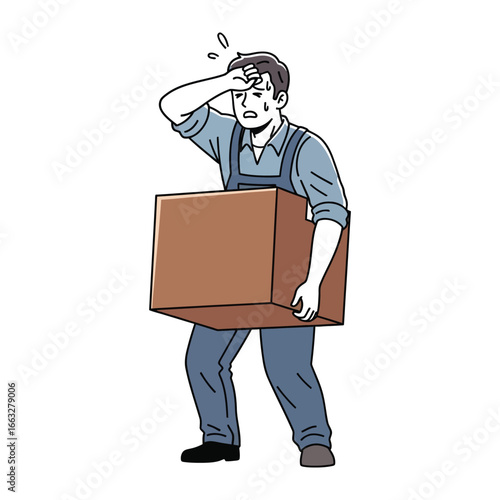 The strain of Heavy Lifting: A man in work attire struggles under the weight of a heavy box, a bead of sweat betraying the effort, the very image of determination in the face of a challenge.