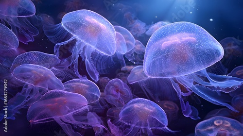 A School of Jellyfish in Bioluminescent Water