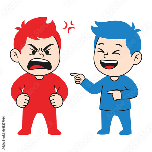 Conflict Cartoon: Depicts a stark contrast of emotions, showcasing two stylized cartoon figures: one seething with anger, the other reveling in amusement.