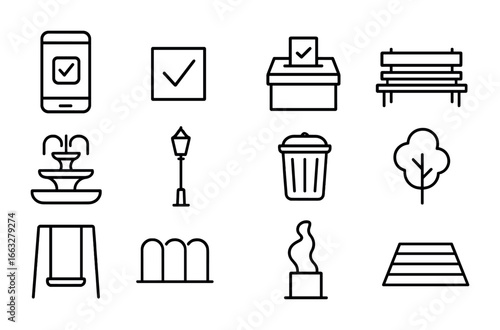 Public Space Voting Icons. Outline icon set of public space voting apps: smartphone, check mark, ballot box,
