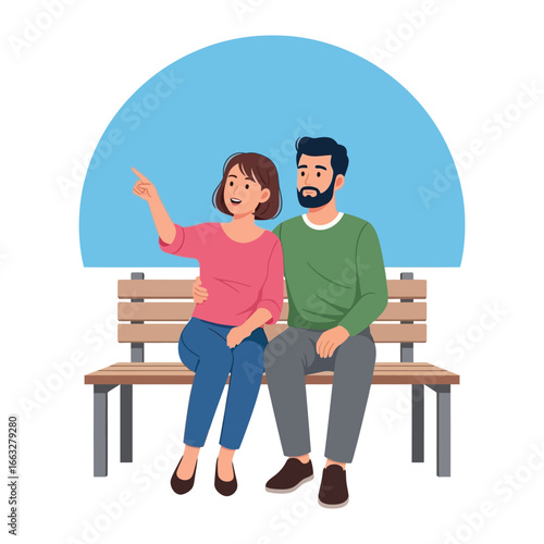 Shared Moment: A loving couple enjoys a tranquil moment together, sitting intimately on a park bench under a clear blue sky, she is pointing to some interesting thing.