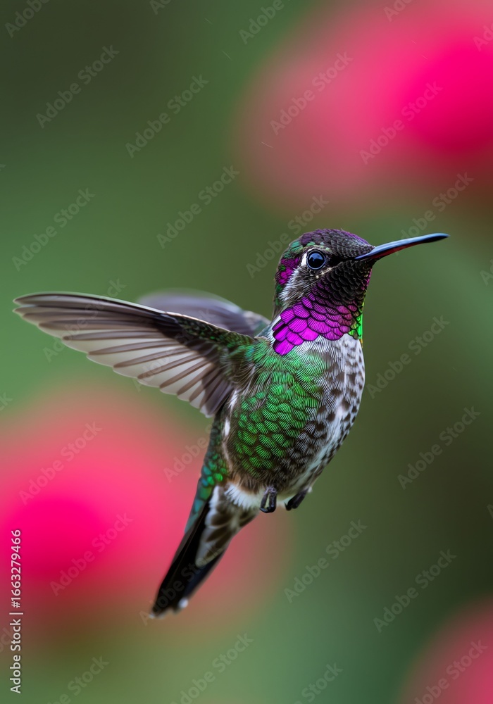 Fototapeta premium Vibrant Hummingbird Flying with Colorful Pink and Green Background