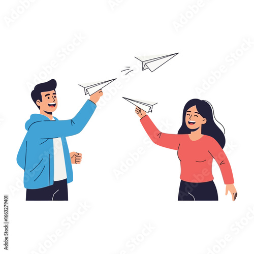 Launching Ideas: Two individuals launch paper airplanes symbolizing new ideas and teamwork in a vibrant flat illustration. 