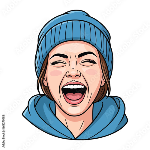Expressive Portrait: A cheerful face of a young woman bursts with unbridled joy, her eyes squeezed shut, showcasing a spectrum of genuine laughter and a warm, captivating grin. 