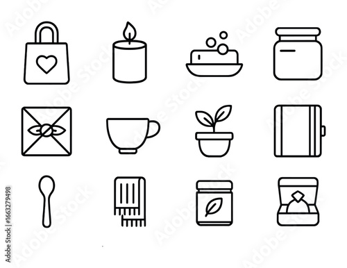 Conscious Gifting Icons. Outline icon set of conscious gifting: reusable gift bag, handmade candle, artisanal
