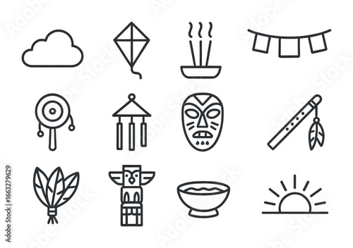 Tribal Prayers Icons. Outline icon set of tribal sky prayers: cloud symbol, kite, incense sticks, prayer flags