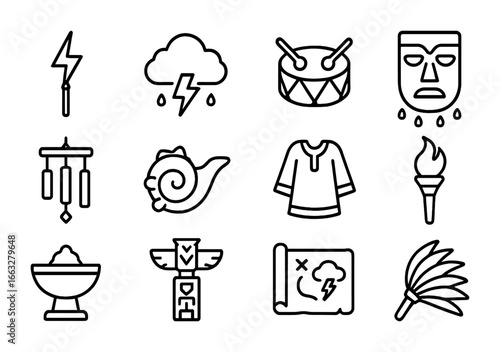 Storm Rites Icons. Outline icon set of storm summoning rites: lightning staff, cloud icon, ceremonial drum,