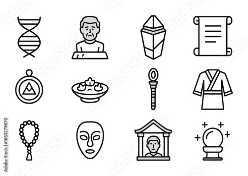 Genetic Ancestry Icon Set. Outline icon set of genetic ancestor veneration: DNA helix, hologram ancestor,