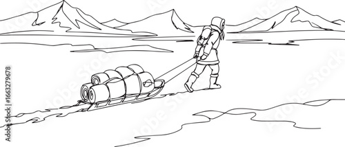 Solitary Journey: Person Pulling Sled Across Frozen Landscape Il