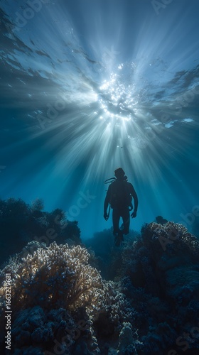 A Diver Silhouetted Against Sunbeams in a Coral Garden