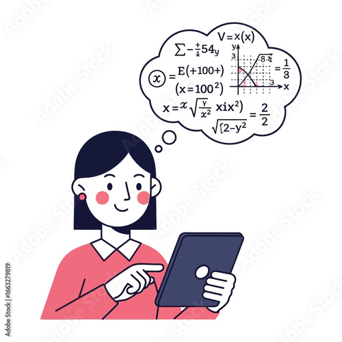 Math Problem with Thinking: A young, sharp student engrossed in a digital tablet, surrounded by mathematical equations, showing the focus on the power of education.