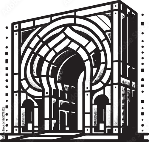 Black and White Illustration of an Architectural Structure with Intricate Geometric Design