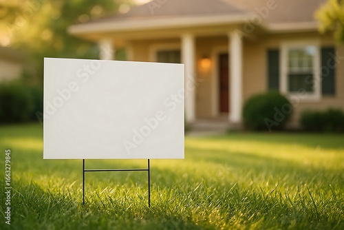 A blank white sign stands on a green lawn in front of a house with soft golden light.