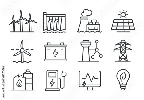 Renewable Energy Icons. Outline icon set of renewable energy hubs: wind farm, hydroelectric dam, geothermal