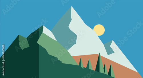  Stylized illustration of a majestic mountain peak at sunrise, featuring a simplified sun and coniferous trees in the foreground.