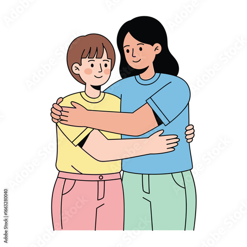 Embracing Connection: Two female figures share a warm, intimate hug. A symbolic representation of support and friendship that embodies comfort and solidarity.
