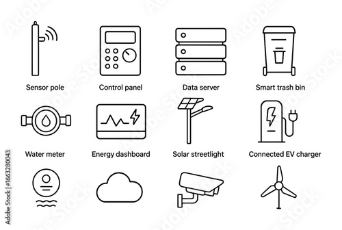 Smart Eco Infrastructure Icons. Outline icon set of smart eco-infrastructure: sensor pole, control panel, data