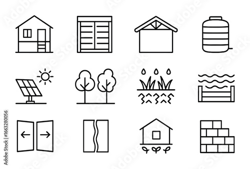 Climate-Resilient Architecture Icons. Outline icon set of climate-resilient architecture: elevated home, storm