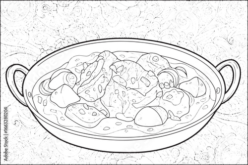 Intricate line drawing of indian vindaloo in a serving dish with