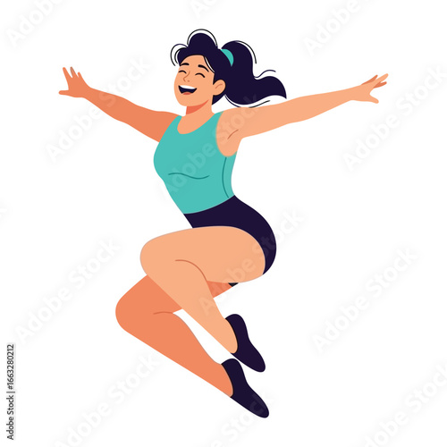 Jumping for joy: An illustration captures a woman radiating pure happiness and energy, leaping with arms outstretched against an unspecified background, symbolizing freedom and joyful moments.