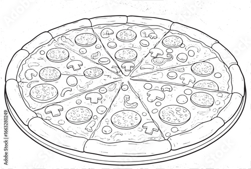 Detailed pizza illustration with toppings, prepared for coloring