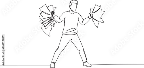 Abstract illustration of person tearing papers in single continu