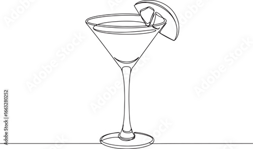 Single line drawing of a mango daiquiri cocktail with tropical f